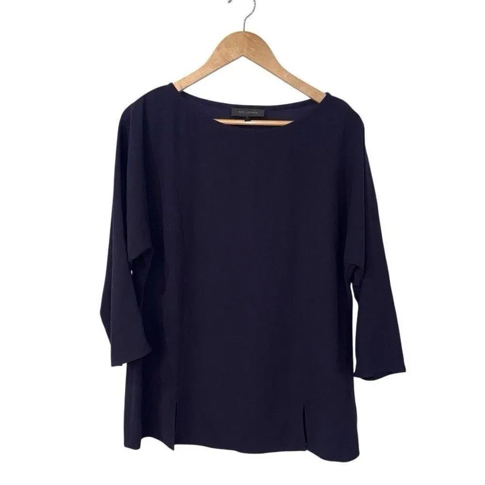 St John Navy Top Boat Neck 3/4 Sleeve Size Medium Slits Hem